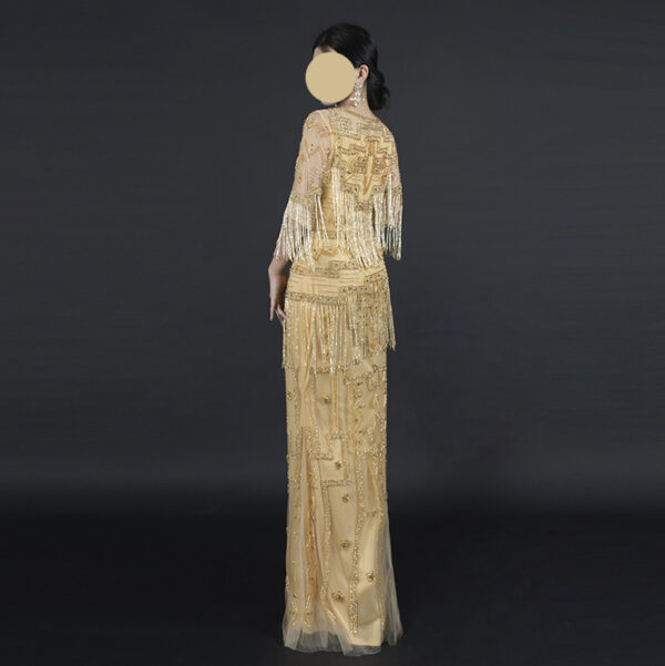 Roaring 20s Gold Fringe Evening Gown – Art Deco Beaded Flapper Dress with Tassel Sleeves for Gatsby Theme, Gala & Vintage Events