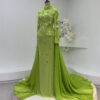 Luxury Green Evening Dress High Neck Long Sleeve with 3D Flowers & Train
