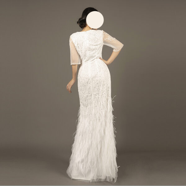 Women White Feather Beaded Evening Dress Sheer Embellished Formal Gown with Feather Hem