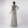 Silver Hand-Beaded Evening Gown with Sheer Sleeves