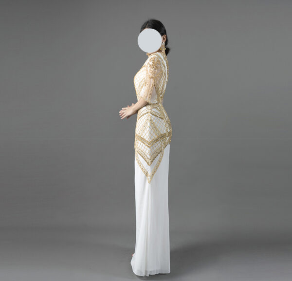Figure-Flattering White Gown with Royal Gold Beaded Patterns