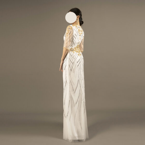 White Mermaid Evening Gown with Gold Embroidery – Elegant Half Sleeve Dress