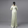 Women's Sage Green Satin Gown with Gold Embroidered Lace - Elegant Formal Evening Dress