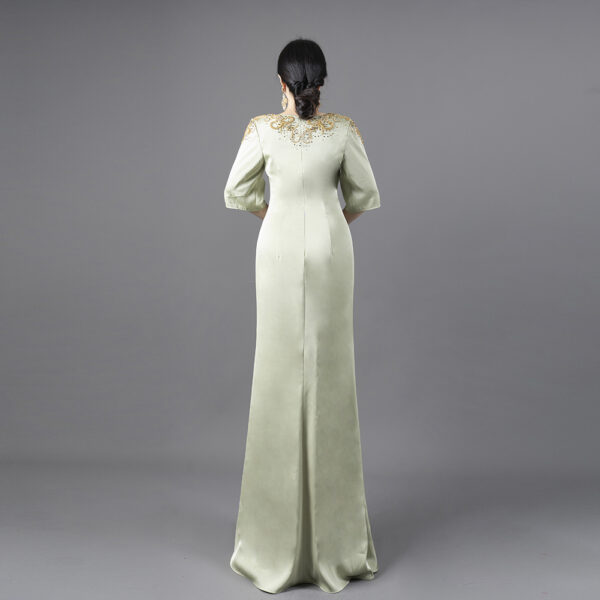 Women's Sage Green Satin Gown with Gold Embroidered Lace - Elegant Formal Evening Dress