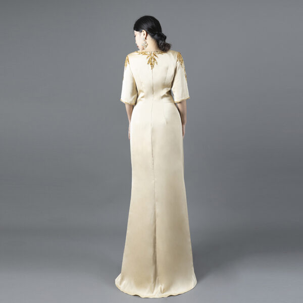 Champagne Gold Evening Gown with Hand-Beaded Leaf Appliqué