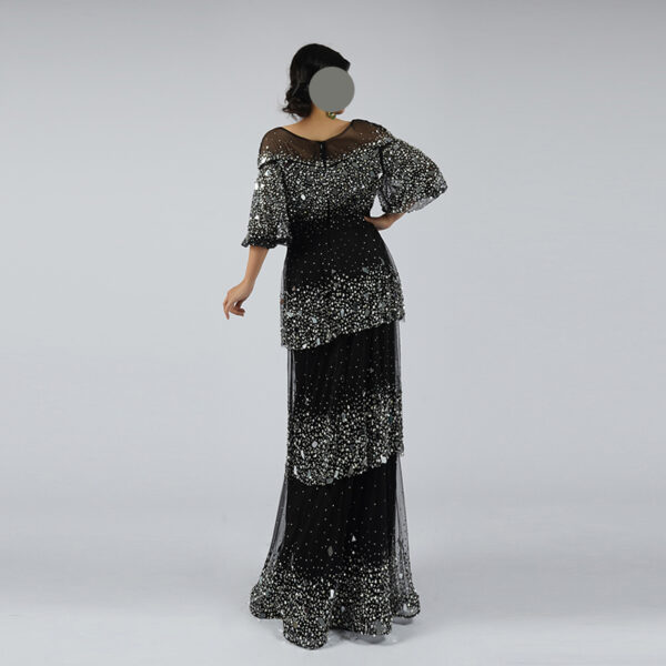 Glamorous Black Silver Sequin Mesh Evening Gown - Half Sleeve Tiered Sparkle Maxi Dress for Formal Events