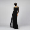 Glamorous Black Formal Dress with Intricate Gold Beading on Neckline & Sheer Sleeves - Elegant Maxi Gown for Galas