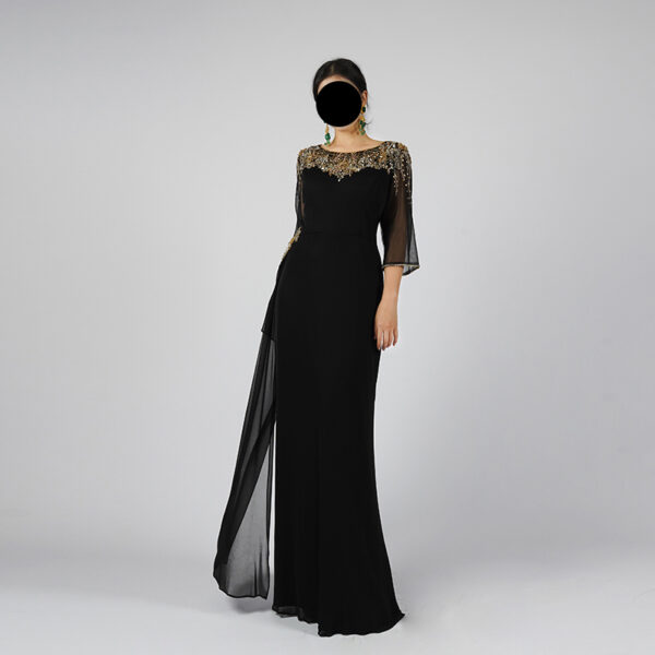 Glamorous Black Formal Dress with Intricate Gold Beading on Neckline & Sheer Sleeves - Elegant Maxi Gown for Galas
