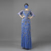 Royal Blue Hand-Beaded Evening Gown with Floral Embroidery and Sheer Sleeves