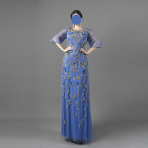 Royal Blue Hand-Beaded Evening Gown with Floral Embroidery and Sheer Sleeves