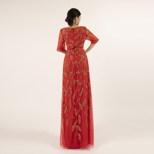 Elegant Red Beaded Mother of the Bride Dress with Half Sleeves — Handcrafted Evening Gown for Formal Occasions