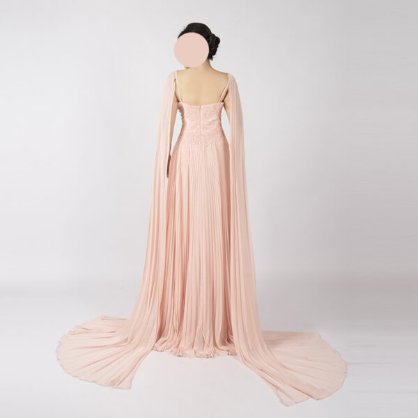 Luxury Blush Pink Lace-Embellished Gown with Dramatic Sheer Cape Formal Dress for Arabic Weddings