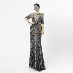 Black Beaded Evening Gown with Vintage Art Deco Pattern and Fringe Details