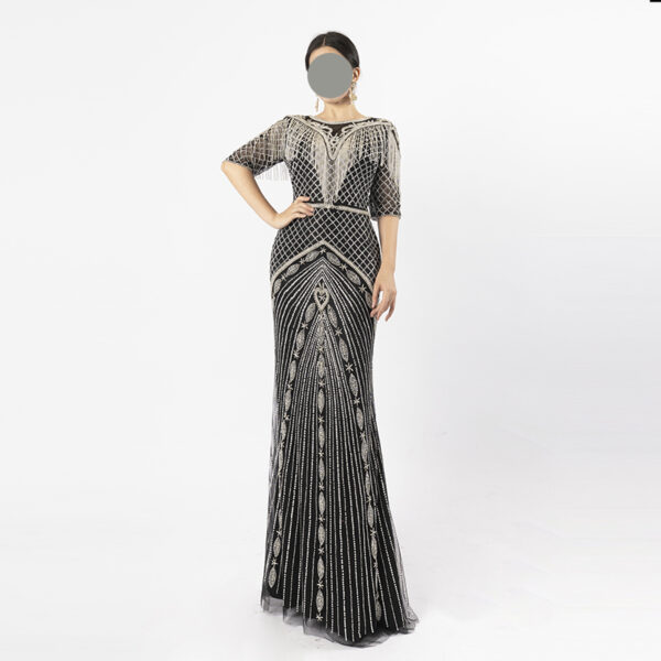 Black Beaded Evening Gown with Vintage Art Deco Pattern and Fringe Details