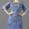 Royal Blue Hand-Beaded Evening Gown with Floral Embroidery and Sheer Sleeves