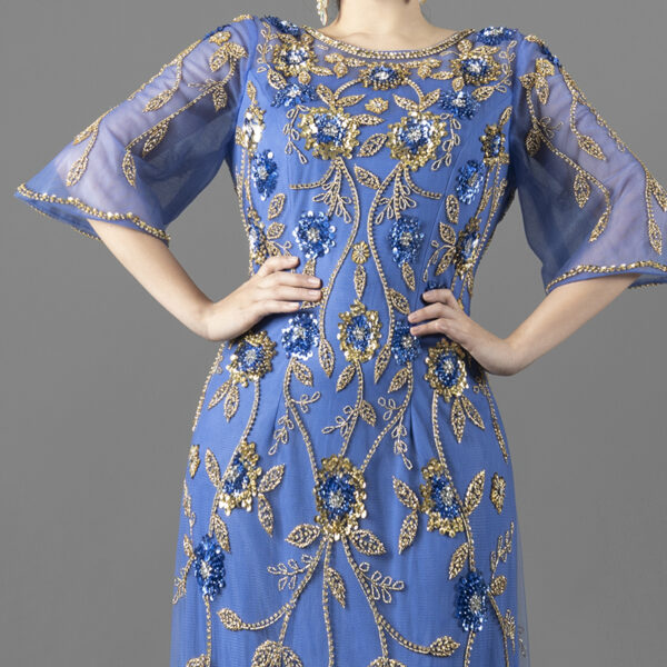 Royal Blue Hand-Beaded Evening Gown with Floral Embroidery and Sheer Sleeves