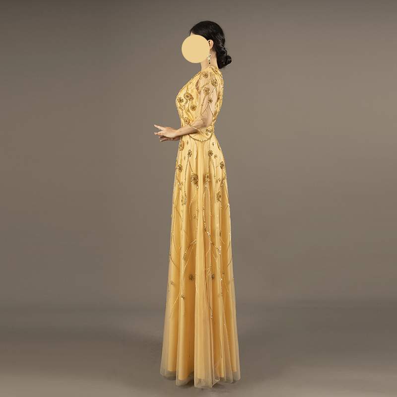 Glamorous Gold Embroidered Tulle Evening Gown - Half Sleeve V-Neck Formal Dress for Prom & Gala Events - Image 3