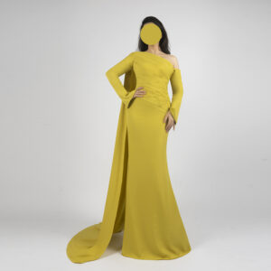 Glamorous One-Shoulder Mustard Yellow Evening Gown with Long Bell Sleeves and Dramatic Train