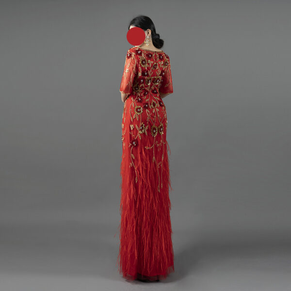 Luxury Red Feather Evening Dress with Gold Floral Embroidery & Rhinestones - Half Sleeve Formal Gown for Gala, Wedding & Red Carpet Events