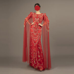 Opulent Red Embroidered Evening Gown with Cape Sleeves - Gold & Rhinestone Embellished Mermaid Formal Dress for Pageant, Gala & Luxury Events