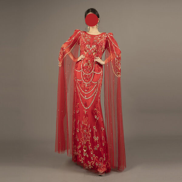Opulent Red Embroidered Evening Gown with Cape Sleeves - Gold & Rhinestone Embellished Mermaid Formal Dress for Pageant, Gala & Luxury Events