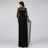 Elegant Black Evening Gown with Gold Beaded Neckline and Sheer Bell Sleeves - Formal Maxi Dress with Chiffon Drape