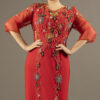 Red Beaded Evening Gown – Elegant Formal Dress with Sheer Sleeves & Front Slits for Weddings & Parties