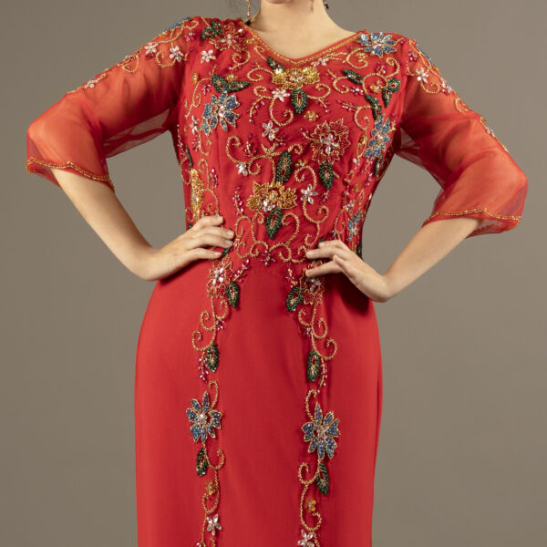 Red Beaded Evening Gown – Elegant Formal Dress with Sheer Sleeves & Front Slits for Weddings & Parties