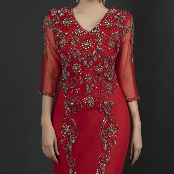 Women's Red Beaded Embroidered Evening Gown - V-Neck Mermaid Formal Dress with Side Slit