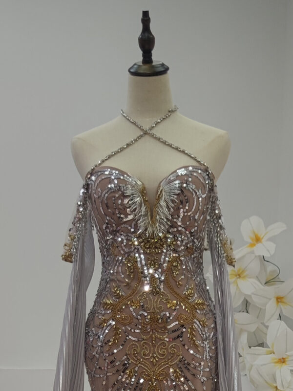 Sparkling Crystal Mermaid Runway Dress with Cape