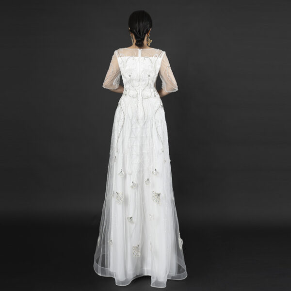 Vintage-Inspired White Beaded Evening Gown with Half Sleeves - Art Deco Style Embellished Formal Dress for Roaring 20s Gala, Wedding & Luxury Events