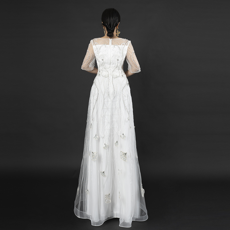 Vintage-Inspired White Beaded Evening Gown with Half Sleeves - Art Deco Style Embellished Formal Dress for Roaring 20s Gala, Wedding & Luxury Events