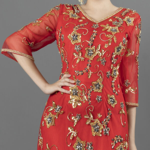 Luxury Red Evening Gown with Multicolor Floral Beaded Embroidery