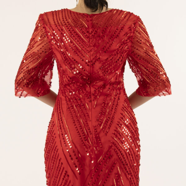 Glamorous Red Sequin & Feather Evening Gown - Half Sleeve Mermaid Formal Dress