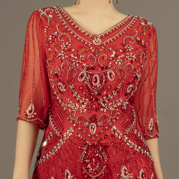 Vintage-Inspired Red Beaded Evening Gown with Tiered Fringe & Half Sleeves - Rhinestone Embellished Formal Dress for Roaring 20s Theme, Gala & Prom Events