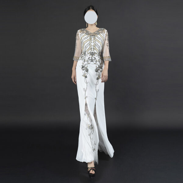 Glamorous White Evening Gown with Silver & Gold Beaded Embroidery - Half Sleeve High-Slit Mermaid Formal Dress for Red Carpet, Gala & Luxury Occasions