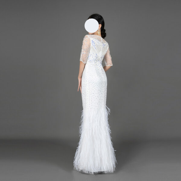 Glamorous White Feather-Trimmed Evening Gown with Beaded Sheer Sleeves - Mermaid Formal Dress