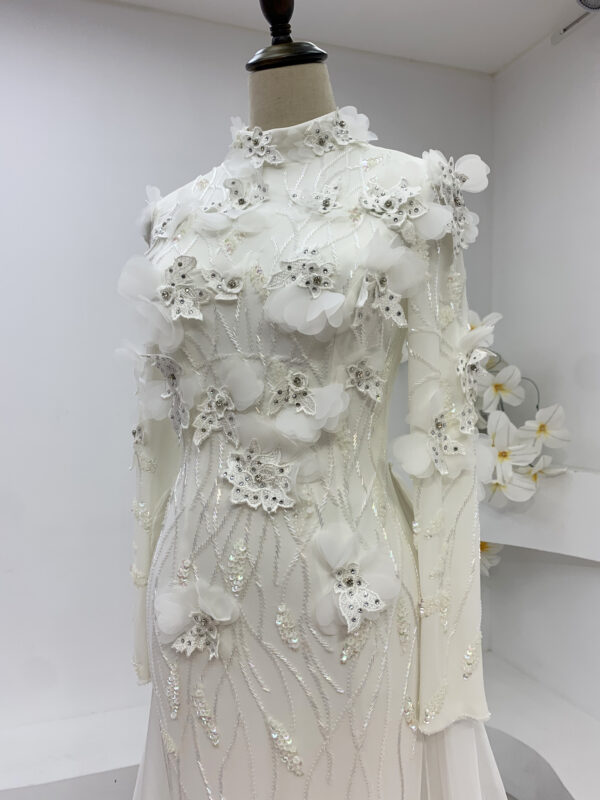 Exquisite High Neck 3D Floral Embellished White Gown with Long Train