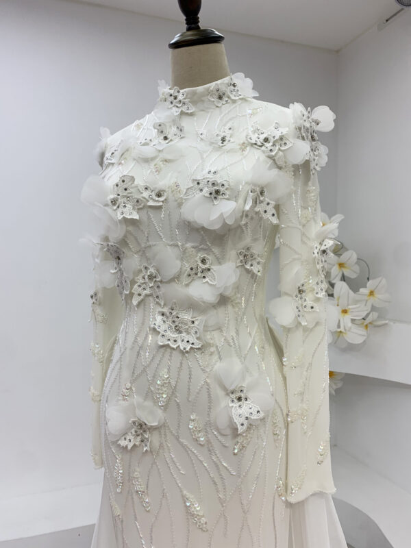 Exquisite High Neck 3D Floral Embellished White Gown with Long Train