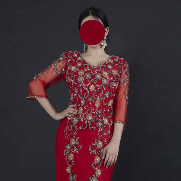 Red Beaded Evening Gown for Women – Elegant Split Hem Kaftan Style Dress for Weddings & Special Events
