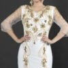 White Gold Beaded Evening Gown – Elegant Kaftan Style Formal Dress with Sheer Sleeves & Front Slit