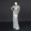 White Formal Gown with Silver Hand Embroidery and Beaded Fringe Tassels
