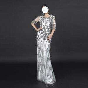 White Formal Gown with Silver Hand Embroidery and Beaded Fringe Tassels