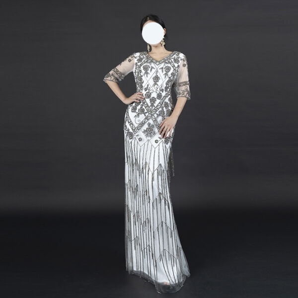 White Formal Gown with Silver Hand Embroidery and Beaded Fringe Tassels