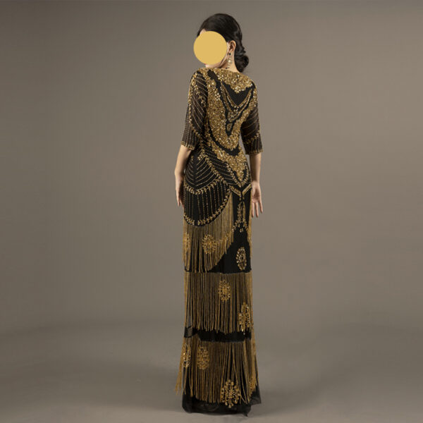 Great Gatsby Inspired Black & Gold Beaded Fringe Evening Gown - Art Deco Flapper Dress for Formal Events