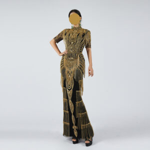 Glamorous Art Deco Black Evening Dress with Gold Sequin Beading and Fringe Details - Vintage Inspired Maxi Gown for Galas