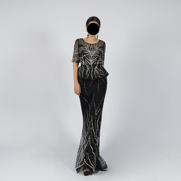 Black Sequin Evening Gown with Elegant Leaf Pattern and Sheer Sleeves