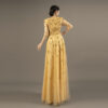 Glamorous Gold Embroidered Tulle Evening Gown - Half Sleeve V-Neck Formal Dress for Prom & Gala Events