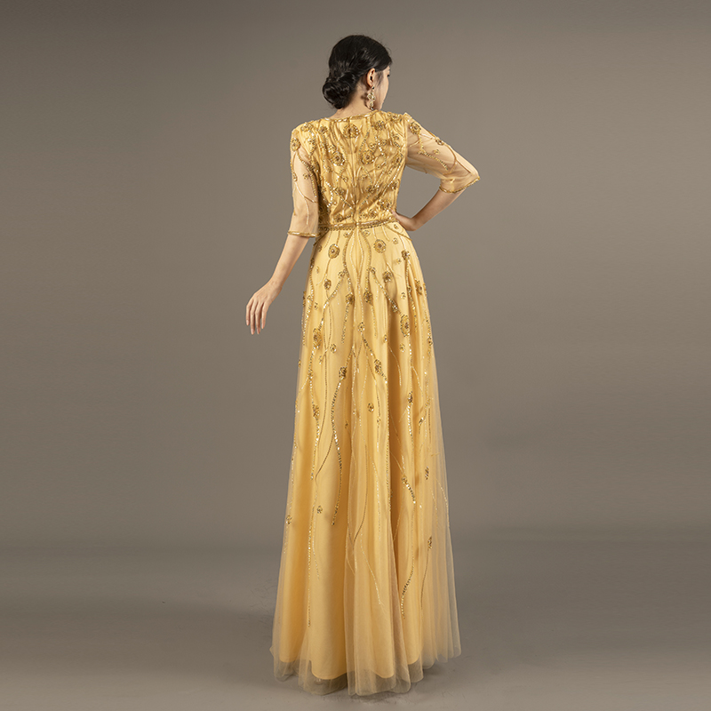 Glamorous Gold Embroidered Tulle Evening Gown - Half Sleeve V-Neck Formal Dress for Prom & Gala Events