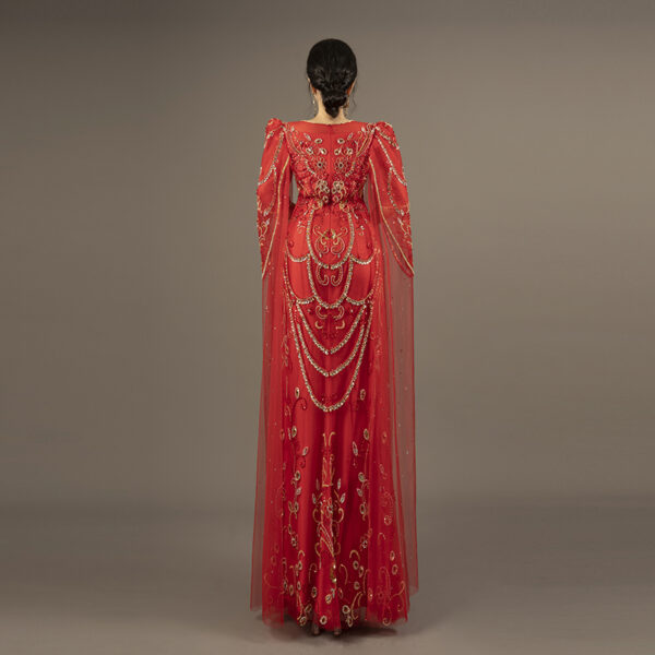 Opulent Red Embroidered Evening Gown with Cape Sleeves - Gold & Rhinestone Embellished Mermaid Formal Dress for Pageant, Gala & Luxury Events